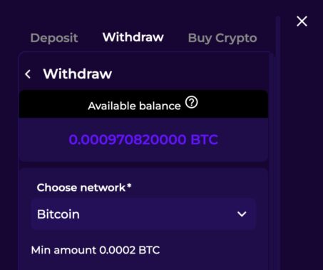crashino casino withdrawal screen showing total balance, bitcoin network selection and minimum deposit amount