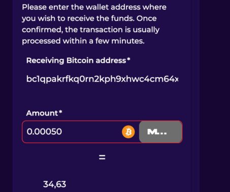 crashino casino bitcoin withdrawal screen showing wallet address entry field, withdrawal amount input, and currency conversion