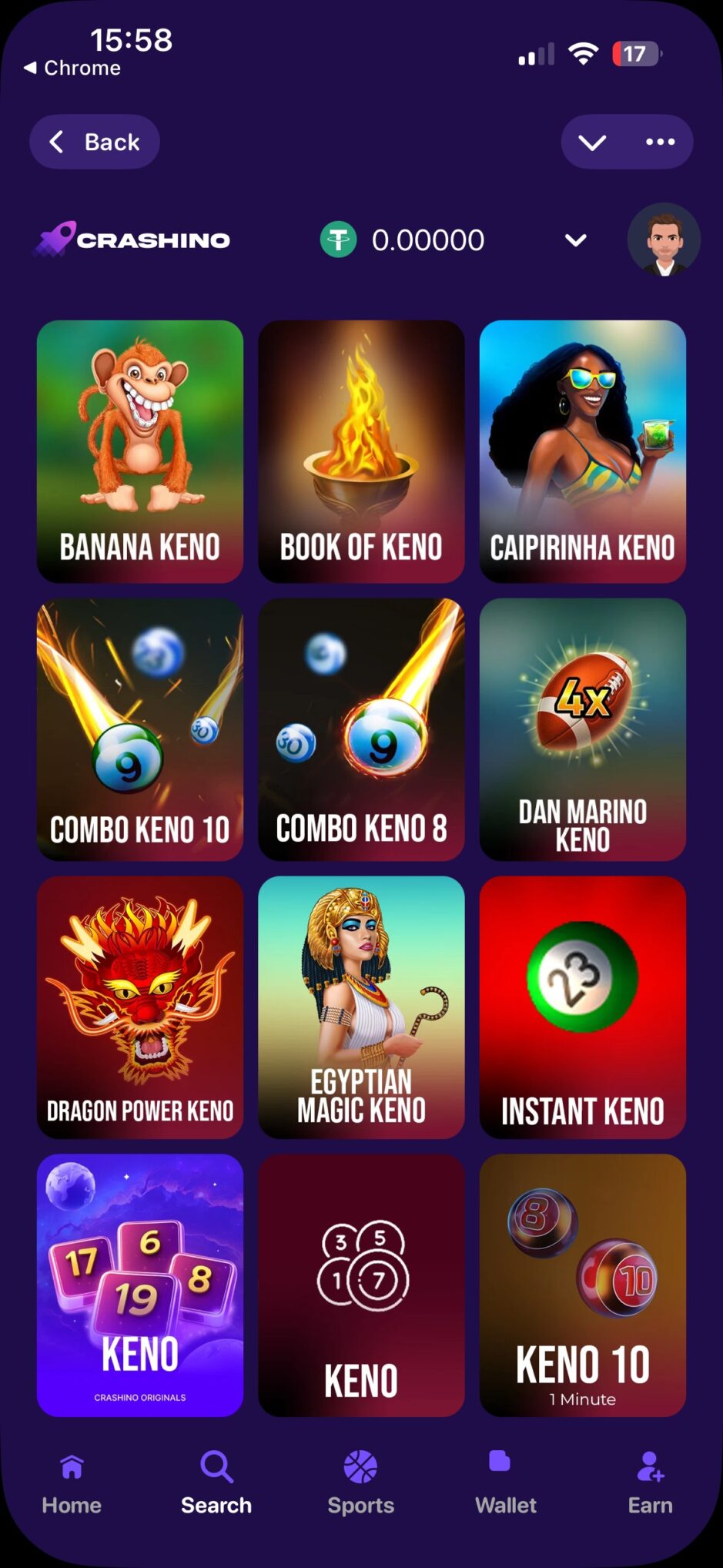 crashino mini app keno games lobby with banana keno, book of keno, and dragon power keno titles
