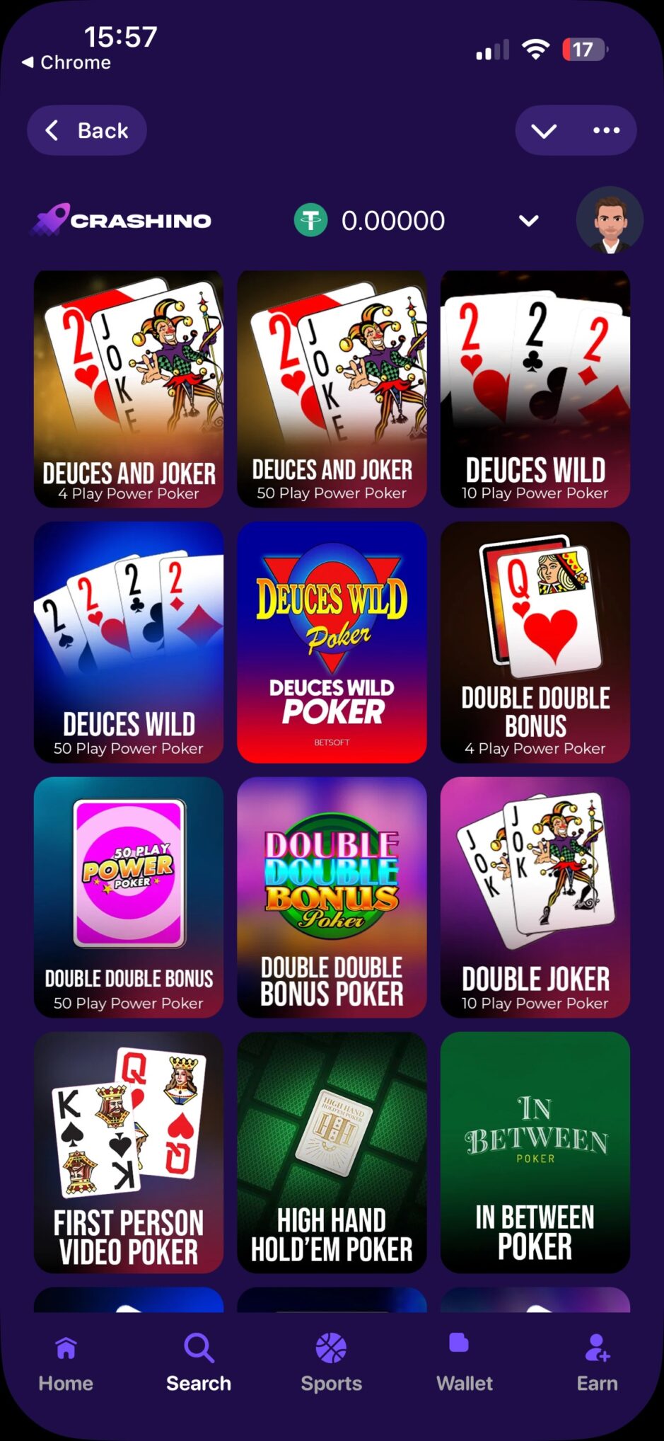 crashino mini app video poker lobby with deuces and joker, deuces wild, and double bonus poker titles