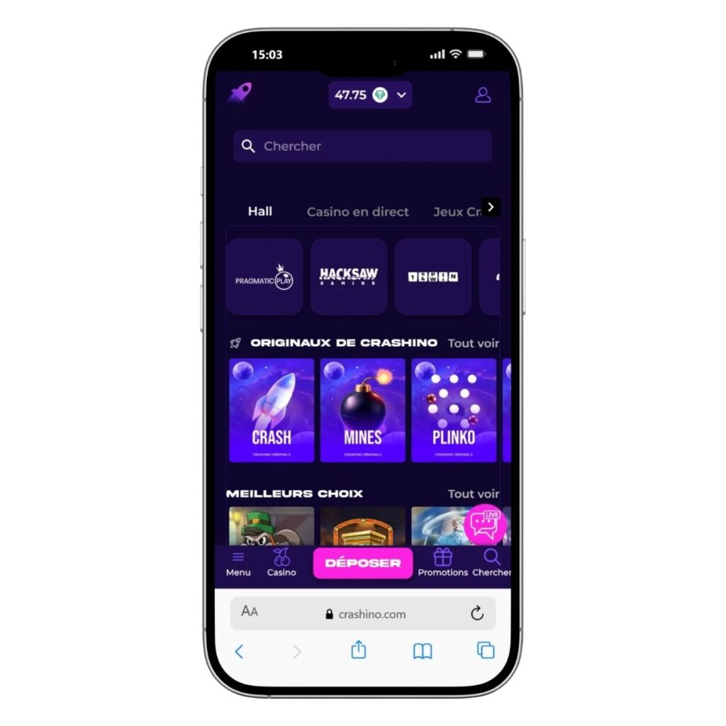 Capture d'écran du casino mobile de Crashino