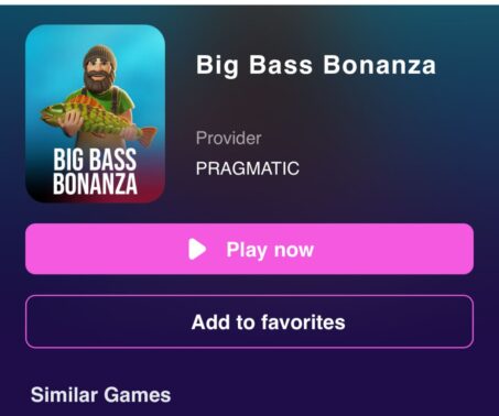 big bass bonanza game screen showing provider pragmatic, with a large pink "play now" button and an "add to favorites" button below on a dark background