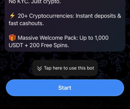 a blue "start" button for the bot with a prompt above saying "tap here to use this bot," mentioning features like instant crypto deposits and a welcome pack