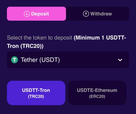 deposit screen with pink "deposit" button selected, asking to select token to deposit, showing tether (usdt) with options for usdtt-tron (trc20) and usdte-ethereum (erc20) on a purple background