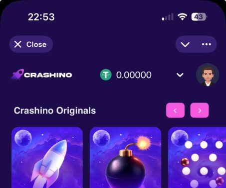 crashino telegram casino mini app dashboard showing balance of 0 usdt, profile icon, and crashino originals