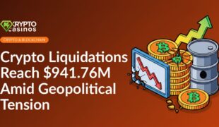 Stack of cracked digital coins beside a falling chart on a screen and an oil barrel with a rising arrow behind it.