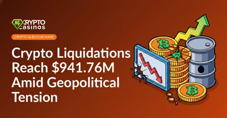 Stack of cracked digital coins beside a falling chart on a screen and an oil barrel with a rising arrow behind it.