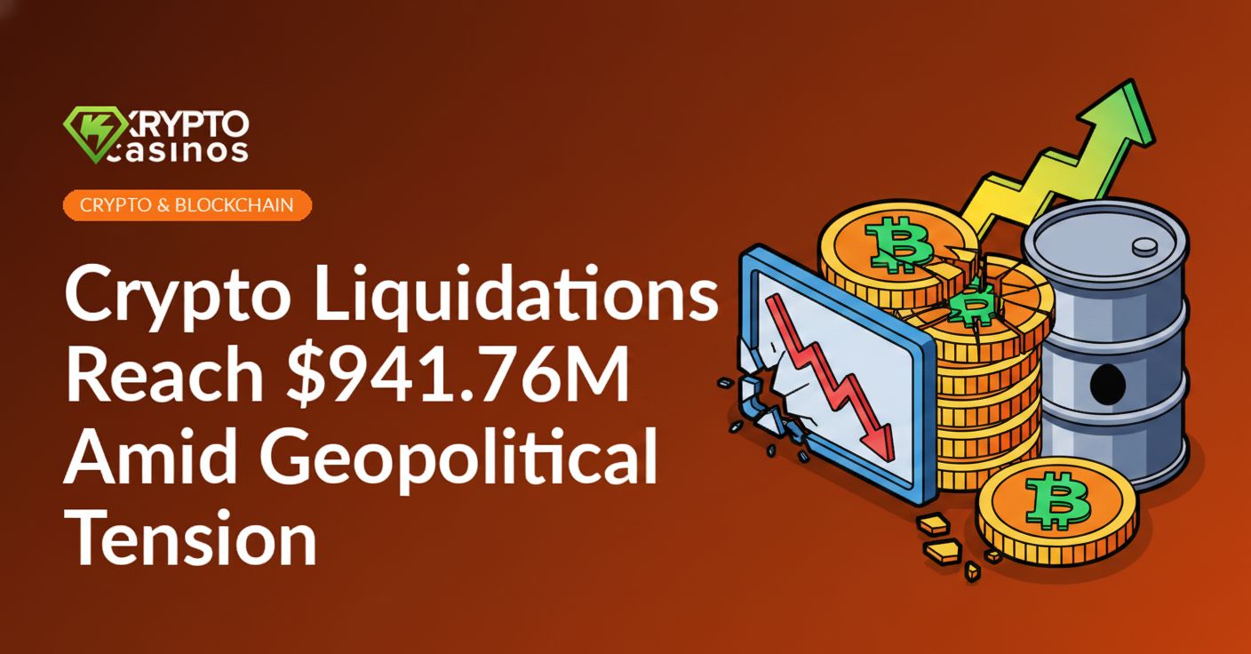 Stack of cracked digital coins beside a falling chart on a screen and an oil barrel with a rising arrow behind it.