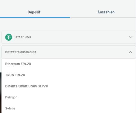 Das Bild zeigt bei Cryptorino Deutschland die verschiedenen Netzwerke, die für die Einzahlung vorhanden sind
