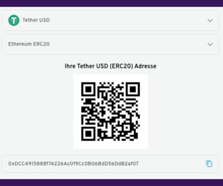 Das Bild zeigt bei Cryptorino Deutschland den QR Coder, der yur Einzahlung kopiert werden kann