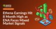 Ethena logo with upward stock chart on blue background and ENA ticker symbol with mixed green and red arrows
