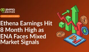 Ethena logo with upward stock chart on blue background and ENA ticker symbol with mixed green and red arrows