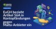 EuGH-Gebäude mit EU-Flaggen, davor Banknoten und ein Bildschirm mit Kontopfändungsdiagrammen.