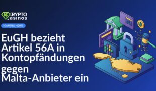EuGH-Gebäude mit EU-Flaggen, davor Banknoten und ein Bildschirm mit Kontopfändungsdiagrammen.
