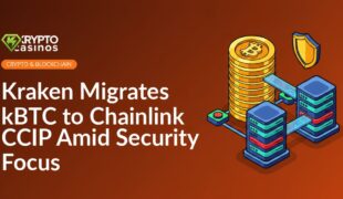 Banded stack of gold coins next to linked server towers with glowing bridges and a shield over connected network nodes