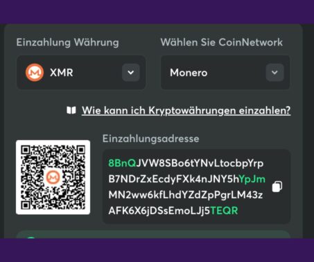 Das Bild zeigt, wie das Casino einen QR Code für XMR generiert