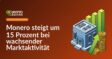 Aufwärtstrend mit 3D-Balkendiagramm, gestapelten Goldmünzen und steigender Pfeil neben sicherem Börsengebäude.