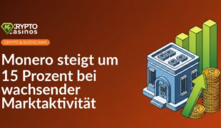 Aufwärtstrend mit 3D-Balkendiagramm, gestapelten Goldmünzen und steigender Pfeil neben sicherem Börsengebäude.