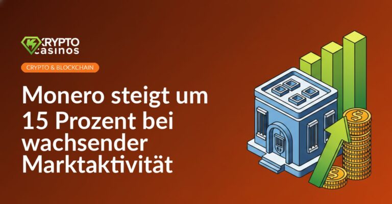 Aufwärtstrend mit 3D-Balkendiagramm, gestapelten Goldmünzen und steigender Pfeil neben sicherem Börsengebäude.