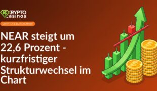 Aufsteigendes Kerzenchart durchbricht Widerstand, daneben Stapel Goldmünzen mit grünem Pfeil nach oben.