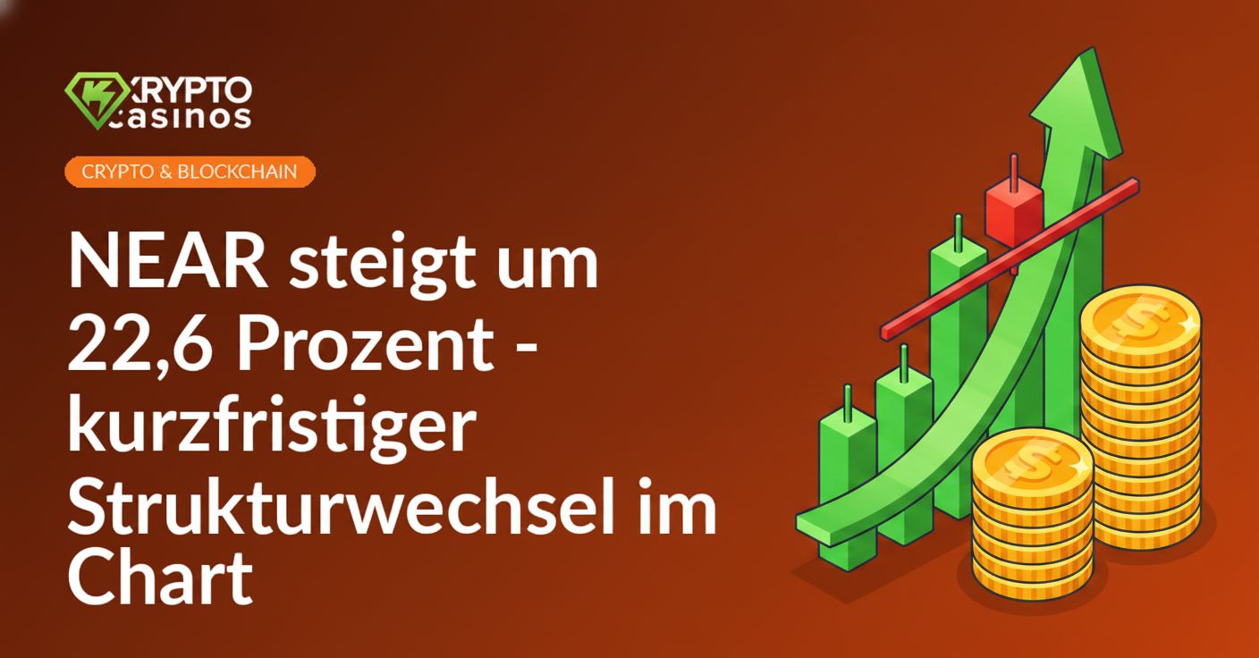 Aufsteigendes Kerzenchart durchbricht Widerstand, daneben Stapel Goldmünzen mit grünem Pfeil nach oben.