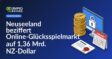 Stapelte NZD-Münzen neben Computerbildschirm mit Vorhängeschloss, Lizenzdokument mit Siegel und Juni-2027-Kalenderblatt