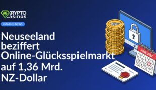 Stapelte NZD-Münzen neben Computerbildschirm mit Vorhängeschloss, Lizenzdokument mit Siegel und Juni-2027-Kalenderblatt