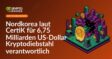 Digitaler Countdown mit US-Dollar-Symbol und nordkoreanischer Flagge vor dunklem Hintergrund und Blockchain-Netzwerk