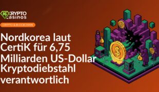 Digitaler Countdown mit US-Dollar-Symbol und nordkoreanischer Flagge vor dunklem Hintergrund und Blockchain-Netzwerk