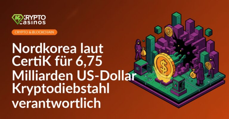Digitaler Countdown mit US-Dollar-Symbol und nordkoreanischer Flagge vor dunklem Hintergrund und Blockchain-Netzwerk