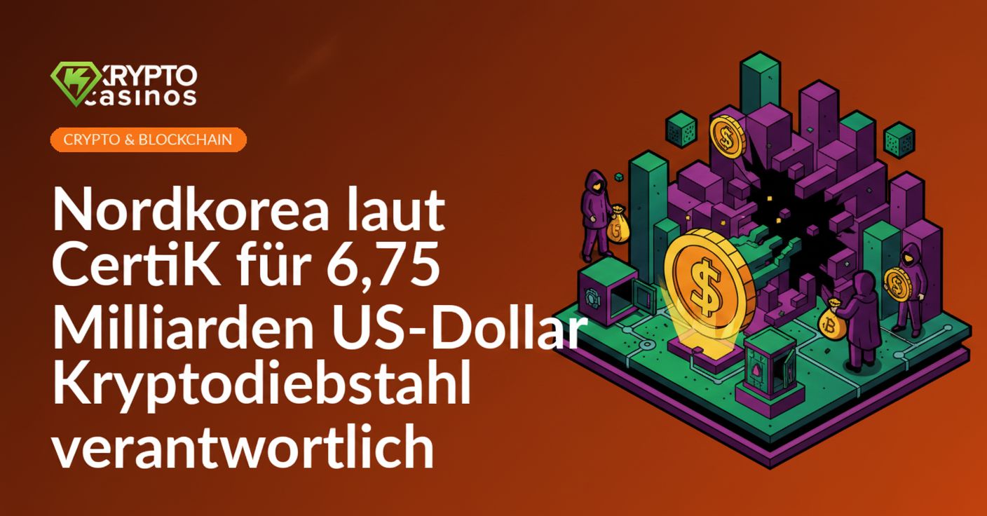 Digitaler Countdown mit US-Dollar-Symbol und nordkoreanischer Flagge vor dunklem Hintergrund und Blockchain-Netzwerk