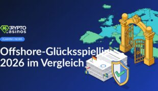 Stapel Lizenzdokumente mit Mini-Flaggen, Schild mit Häkchen, Europakarte mit offenem Tor im Hintergrund.