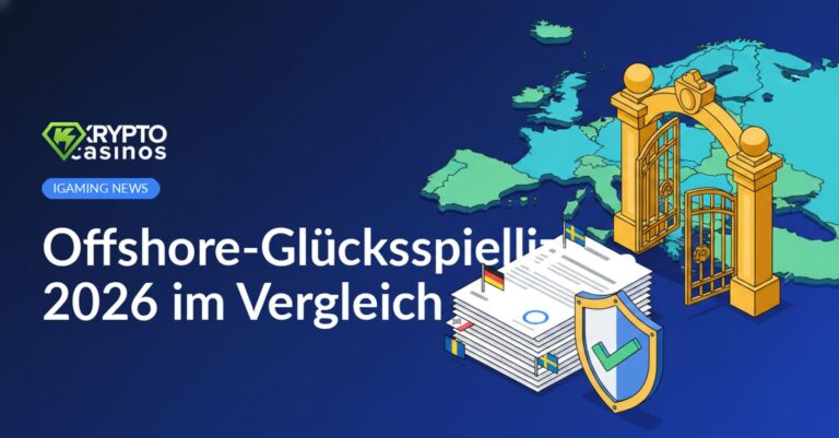Stapel Lizenzdokumente mit Mini-Flaggen, Schild mit Häkchen, Europakarte mit offenem Tor im Hintergrund.