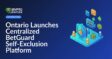 Computer screen displaying a website interface with a lock icon and the text "BetGuard Self-Exclusion" on a blue background