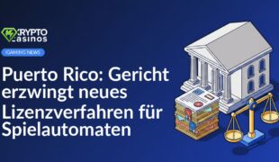 Gerichtsgebäude im Hintergrund, gestapelte Lizenzdokumente mit rotem Stempel und Waage der Gerechtigkeit im Vordergrund.