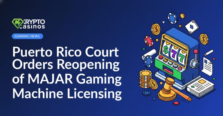 Puerto Rico courthouse exterior with flags and steps under cloudy sky, with a gaming machine icon overlayed in corner