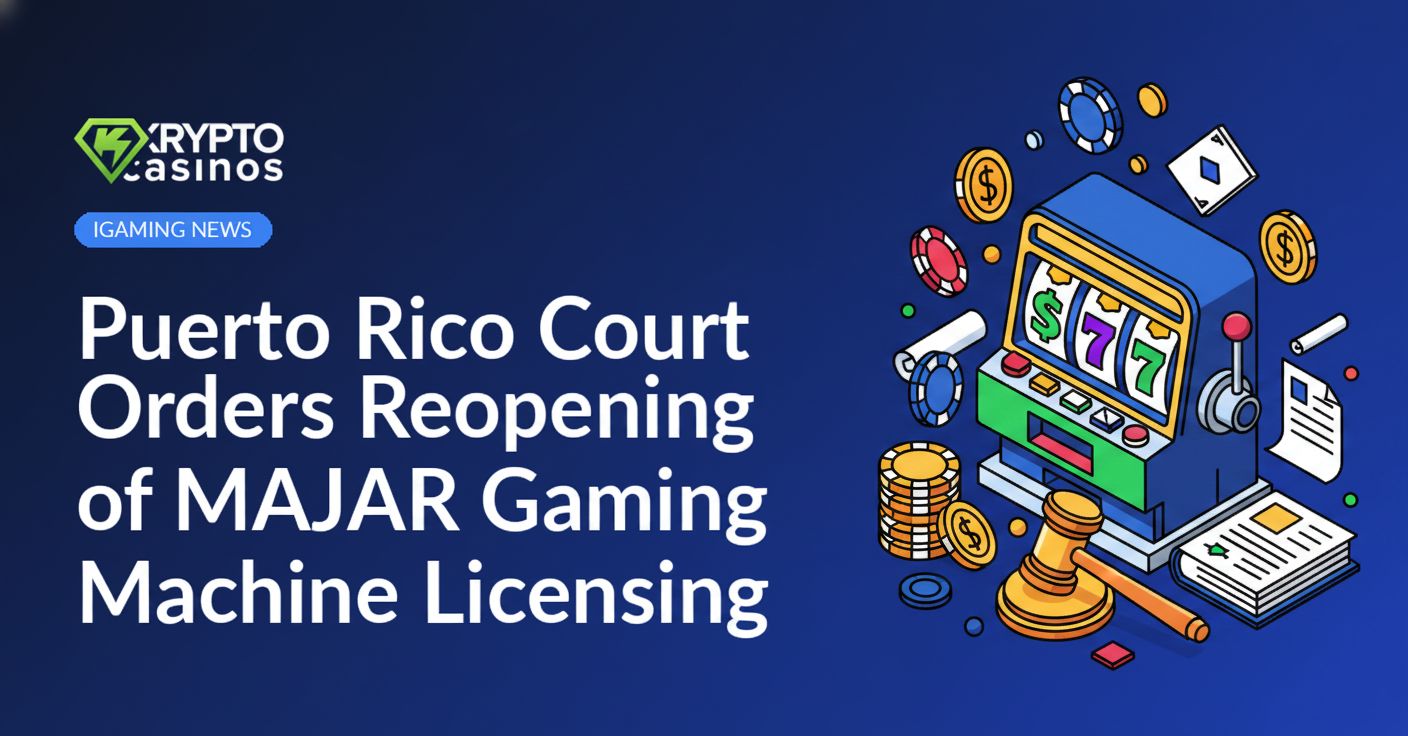 Puerto Rico courthouse exterior with flags and steps under cloudy sky, with a gaming machine icon overlayed in corner