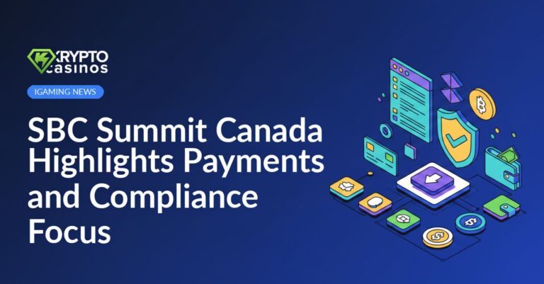 Conference stage with speakers, audience, and large screens displaying "SBC Summit Canada" and payment icons.