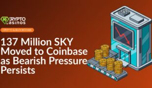 Stack of golden coins on conveyor belt moving toward modern exchange building with digital screen displaying red downward chart.