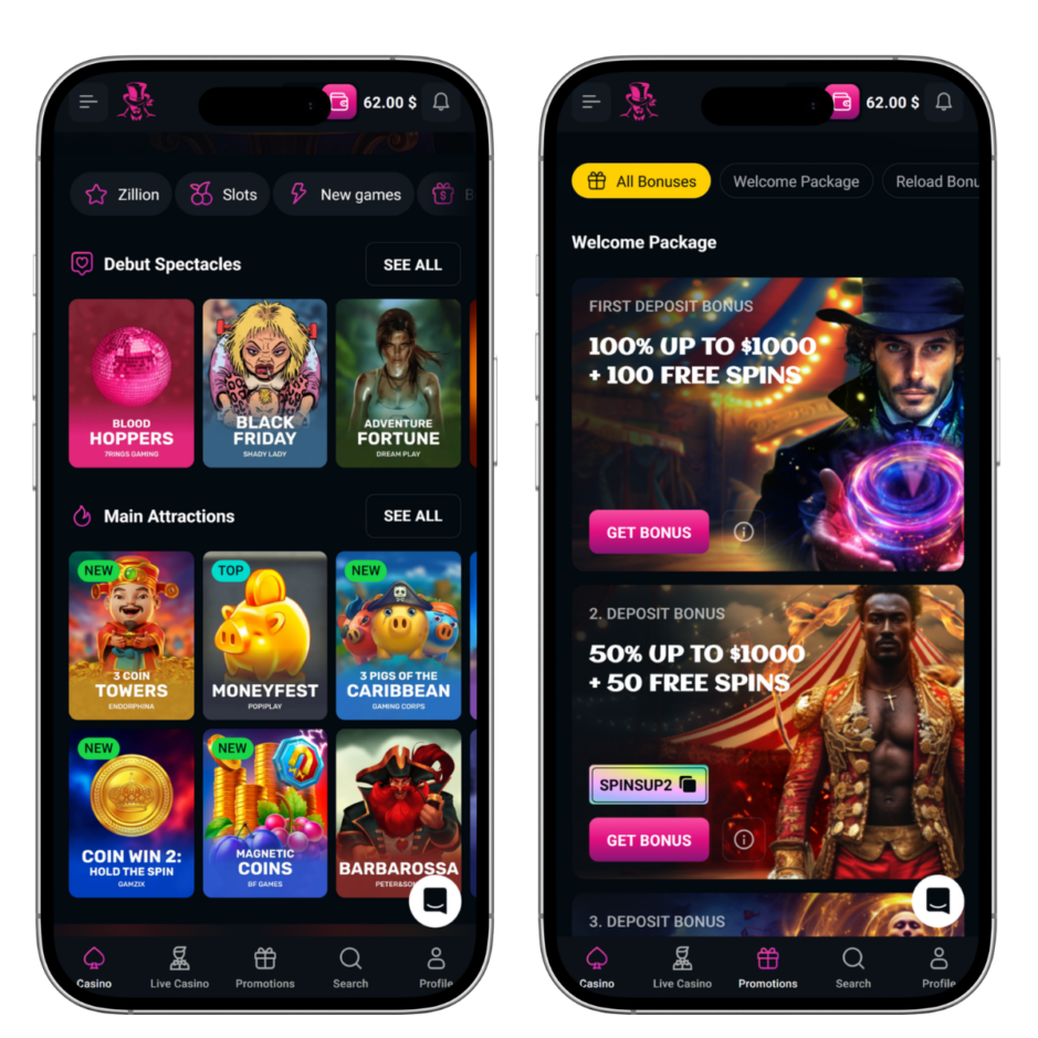 screenshot of Spinsup mobile casino view