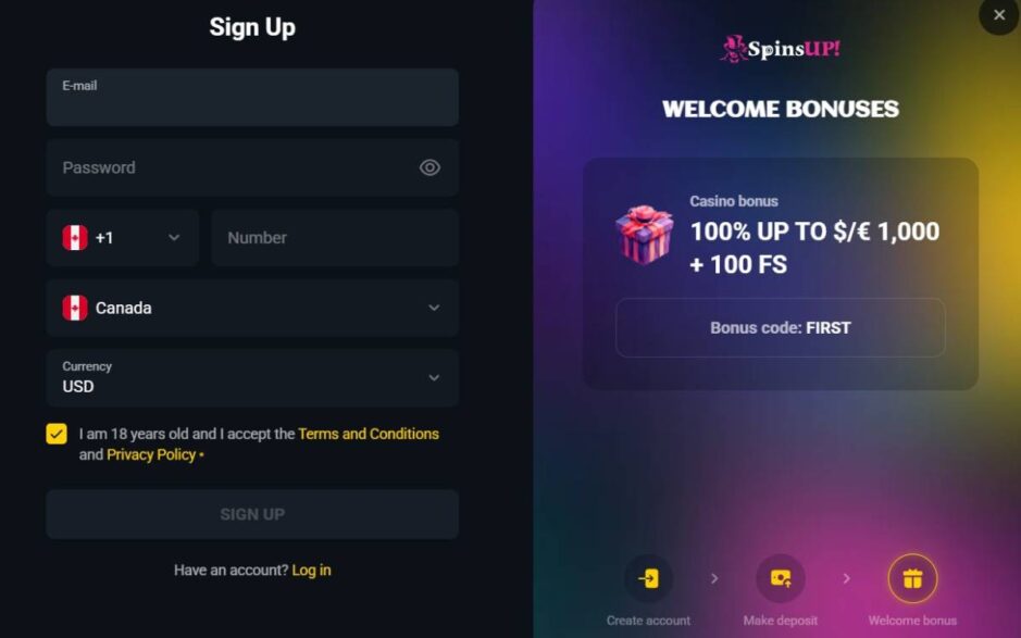 Registration window at SpinsUp casino