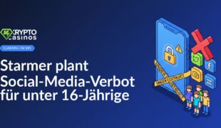 Keir Starmer spricht vor Mikrofon, auf linker Seite Social-Media-Icons mit durchgestrichenem 16+ Symbol.