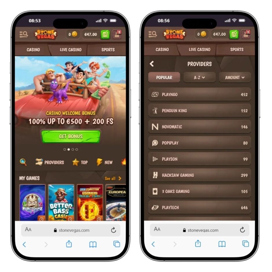 screenshot of stonevegas casino mobile view