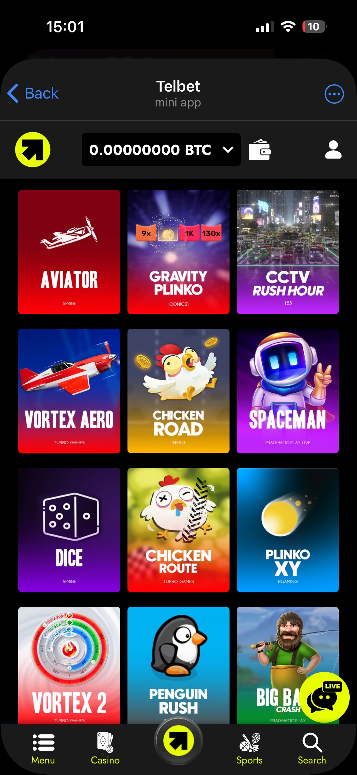 telbet telegram mini app showing crash games lobby with aviator, gravity plinko, spaceman, and chicken road