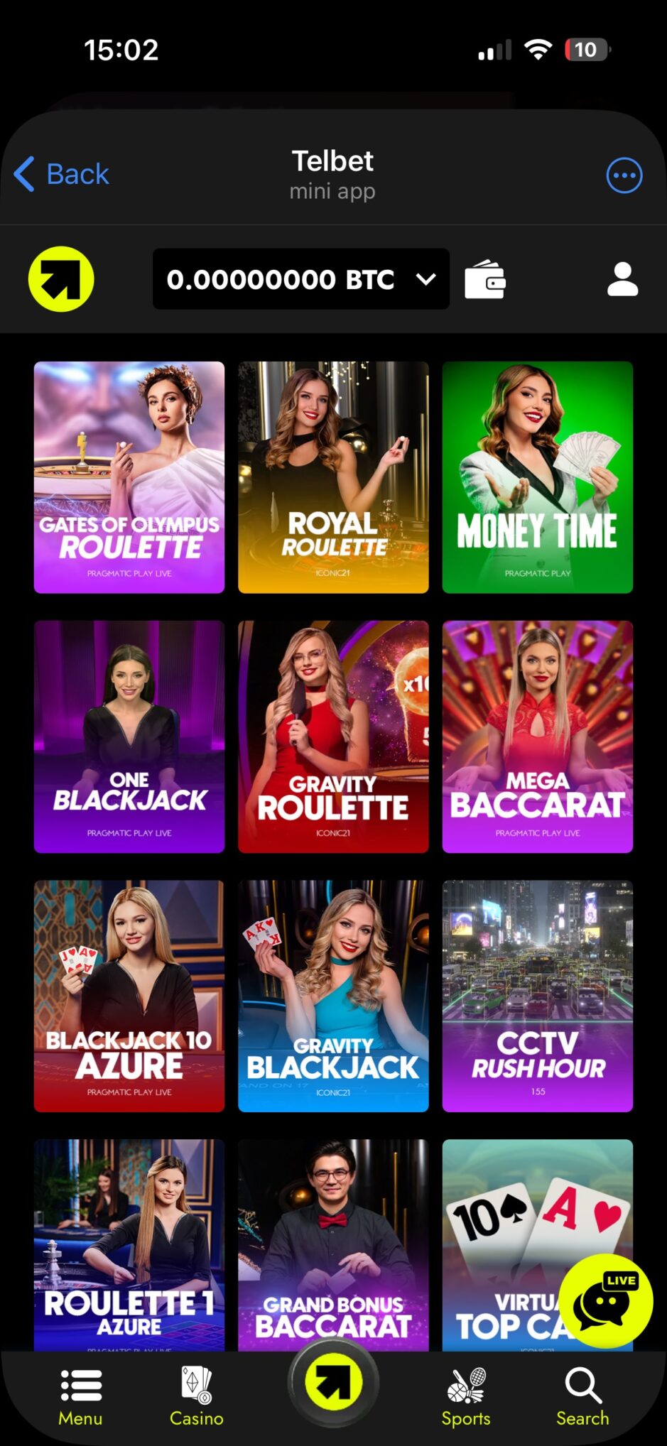 telbet mini app live dealer lobby on mobile with gates of olympus roulette, royal roulette, and one blackjack