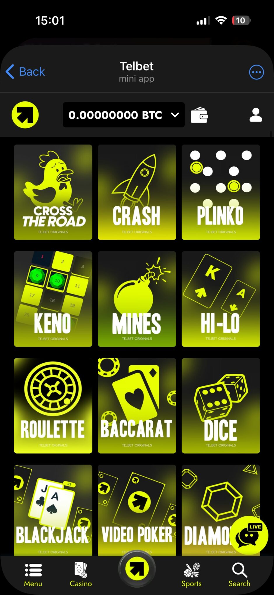 telbet mini app originals lobby on mobile with crash, plinko, mines, and dice titles