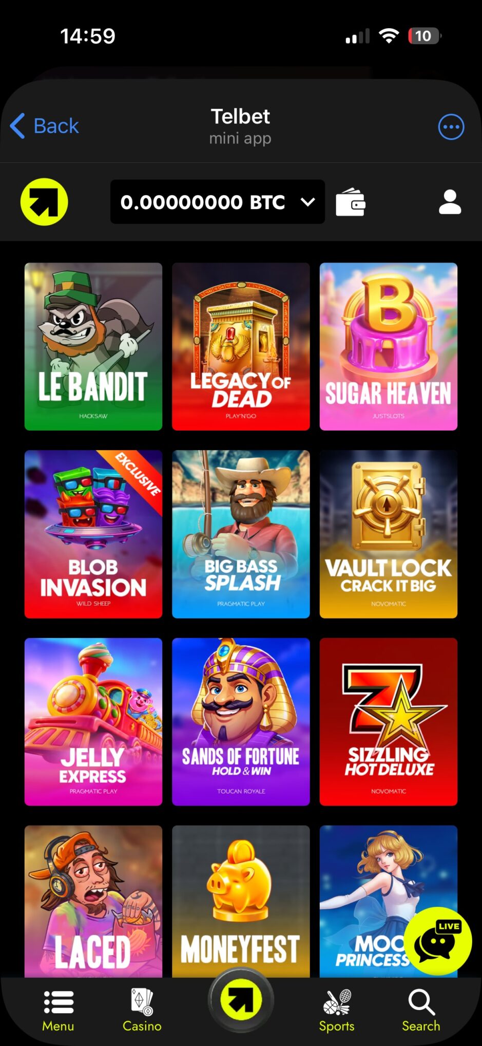 telbet mini app slot games lobby on mobile with le bandit, legacy of dead, and big bass splash