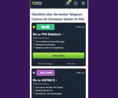 Das Bild zeigt die Topliste der Telegram Casinos bei kryptocasinos.com CH