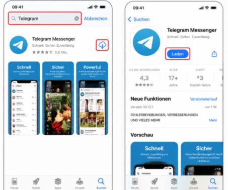 Das Bild zeigt, wie man die Telegramm App im Appstore herunterladet