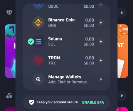 thrill casino cashier wallet menu showing sol, bnb, trx, and usdc balances with manage wallets option